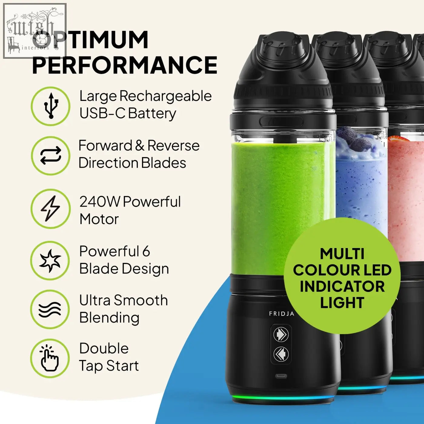 Black fridja f500 portable blender with transparent body showing vibrant green blue and pink blended liquids inside