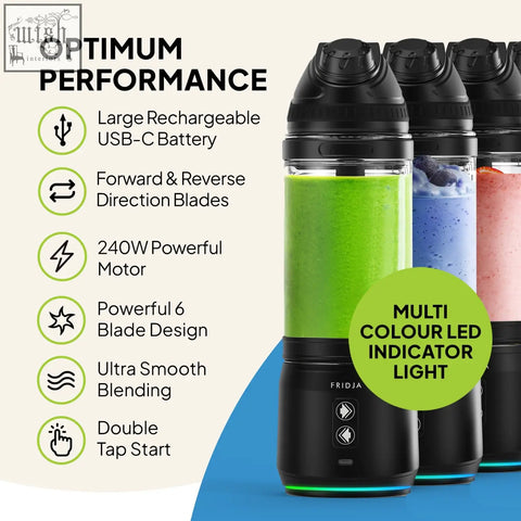 Black fridja f500 portable blender with transparent body showing vibrant green blue and pink blended liquids inside