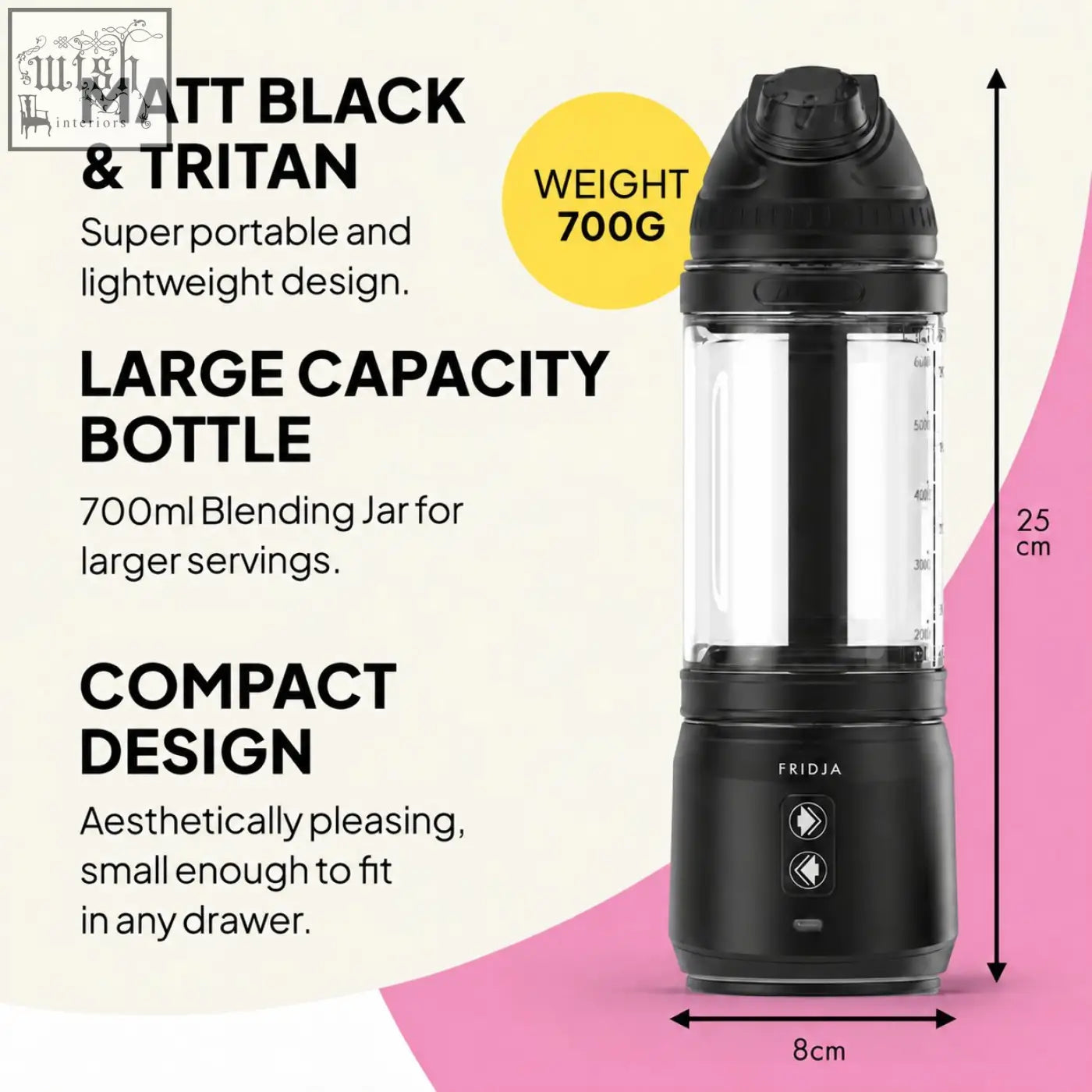 Matte black tritan f500 portable blender with clear 700ml jar and sleek compact design by fridja