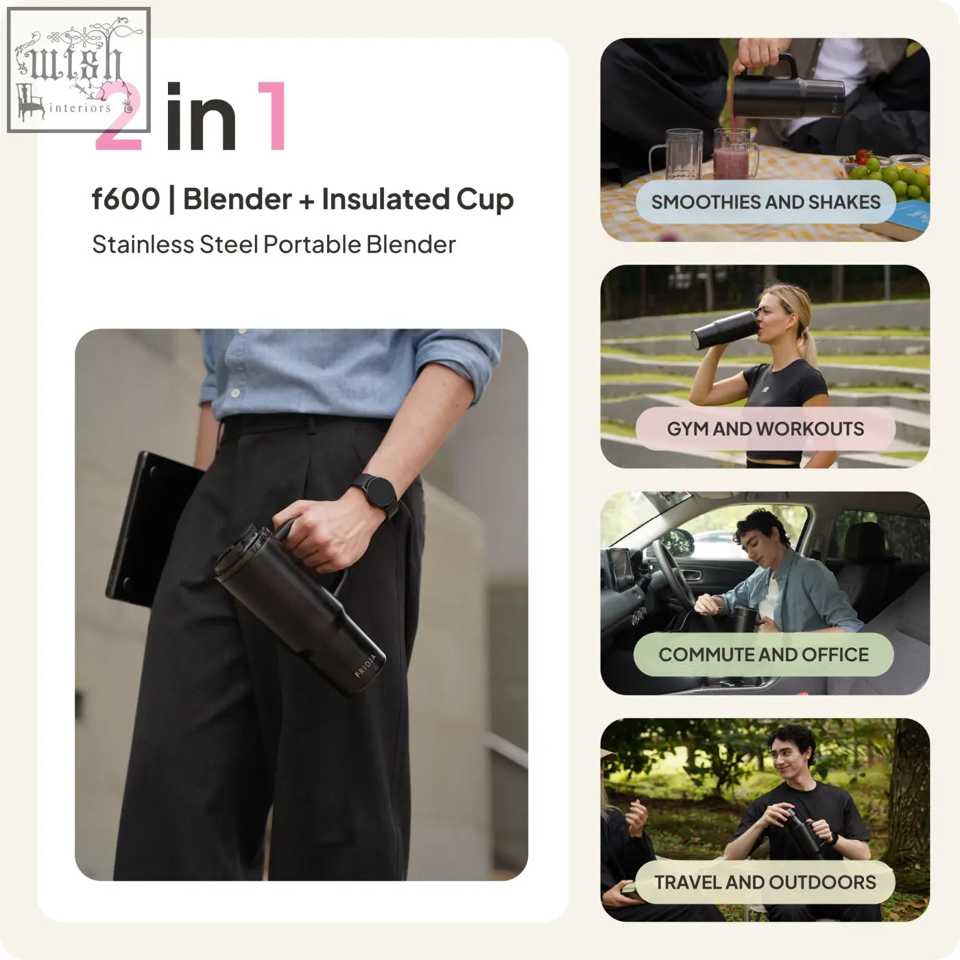 Black stainless steel portable blender f600 with insulated cup design for on-the-go use and stainless steel durability