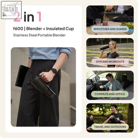 Black stainless steel portable blender f600 with insulated cup design for on-the-go use and stainless steel durability