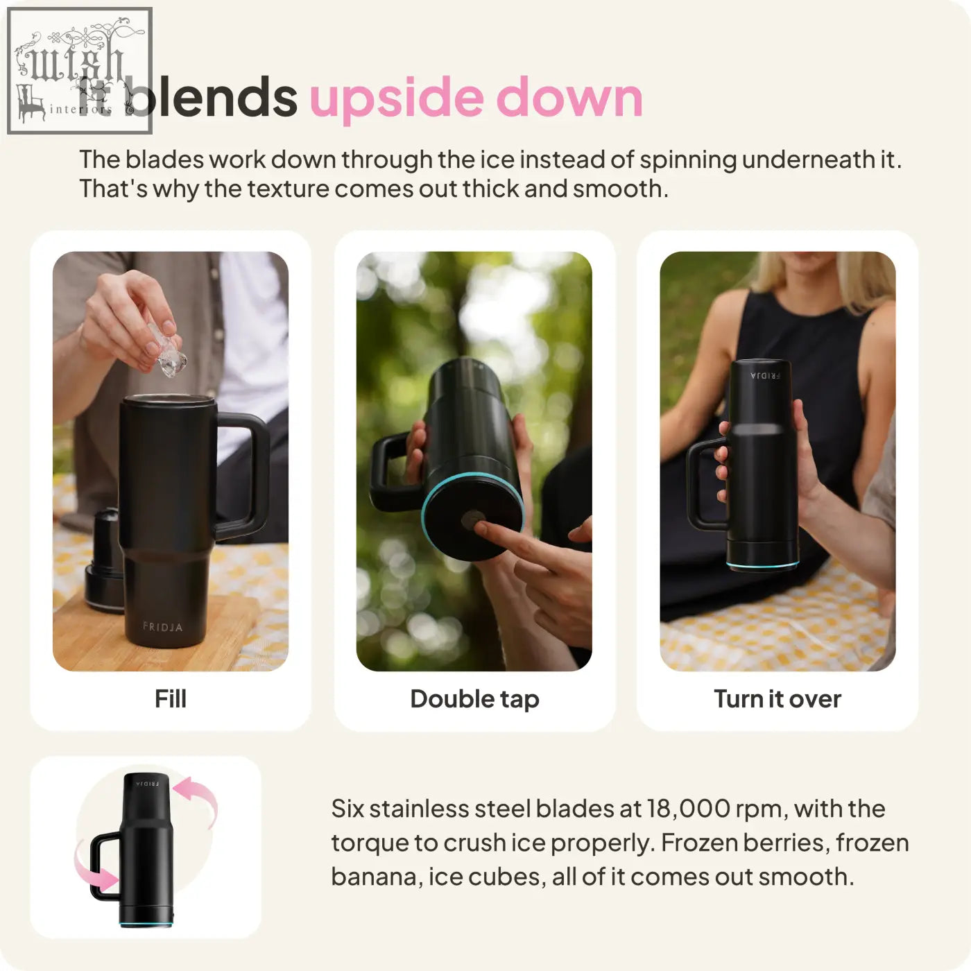 Black frida stainless steel ice crusher mug with handle and blue accent ring for f600 portable blender
