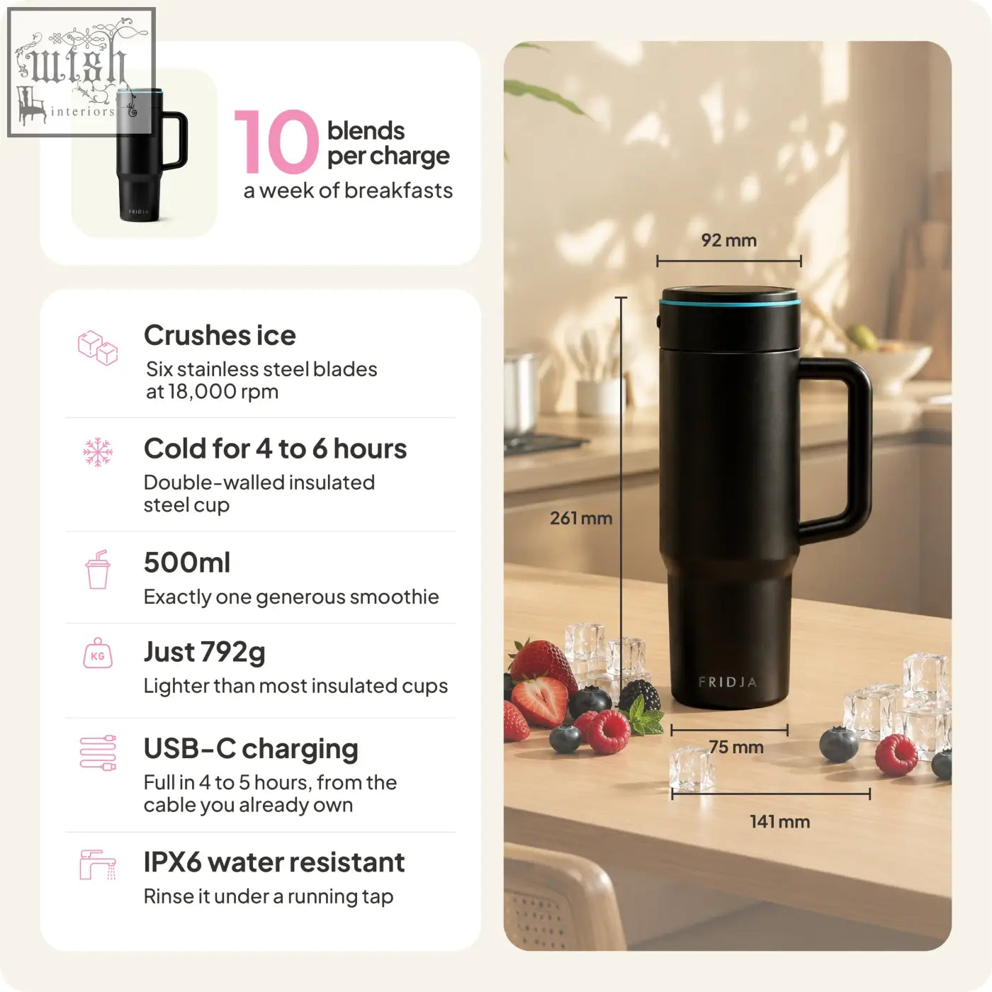 Black frida insulated stainless steel travel mug with handle and teal accent ring for blending smoothies