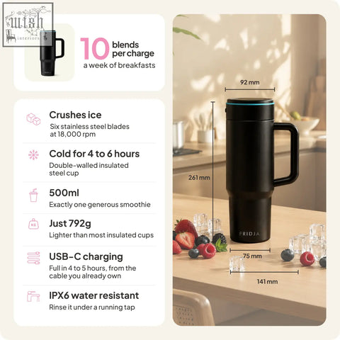 Black frida insulated stainless steel travel mug with handle and teal accent ring for blending smoothies