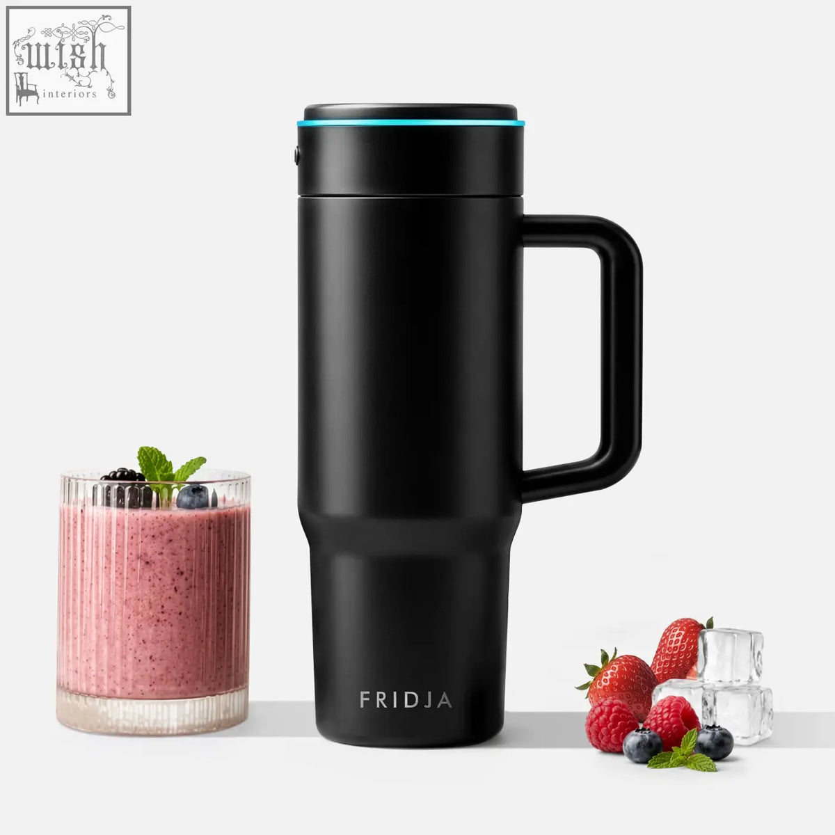Black fridja travel mug with stainless steel insulated design and subtle teal lid accent for on the go use