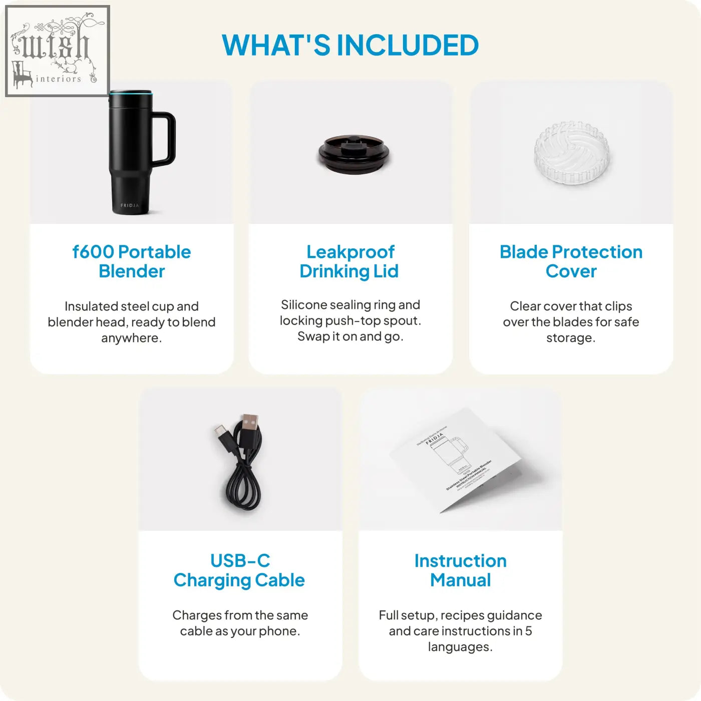 Black stainless steel insulated portable blender cup with handle and teal accent ring for easy use