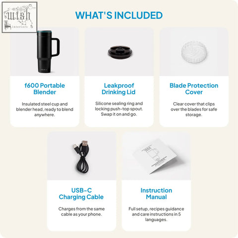 Black stainless steel insulated portable blender cup with handle and teal accent ring for easy use