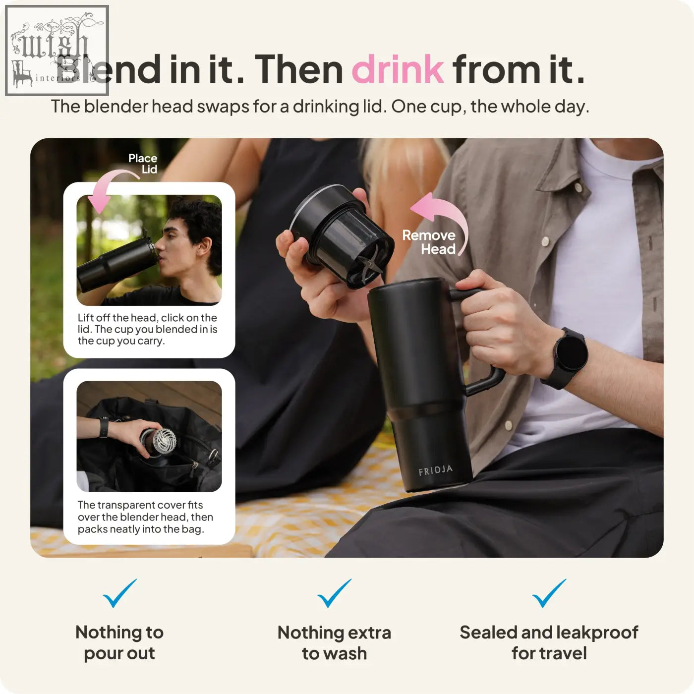 Black stainless steel travel mug with detachable blender head and drinking lid by fridja f600 stainless steel portable blender