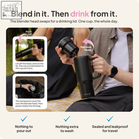 Black stainless steel travel mug with detachable blender head and drinking lid by fridja f600 stainless steel portable blender