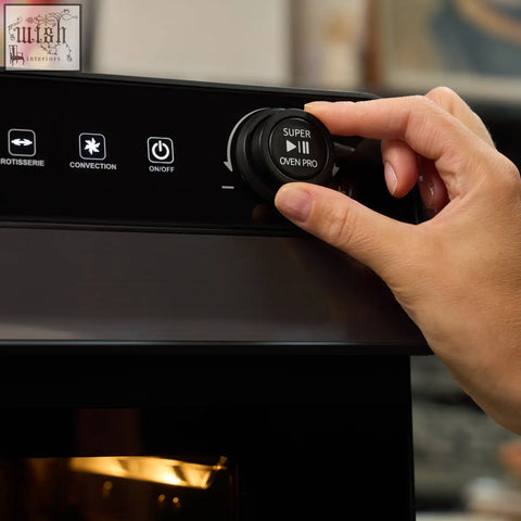 Black circular control knob labeled super oven pro on a modern digital panel of the f77 super oven pro 30l air fryer oven