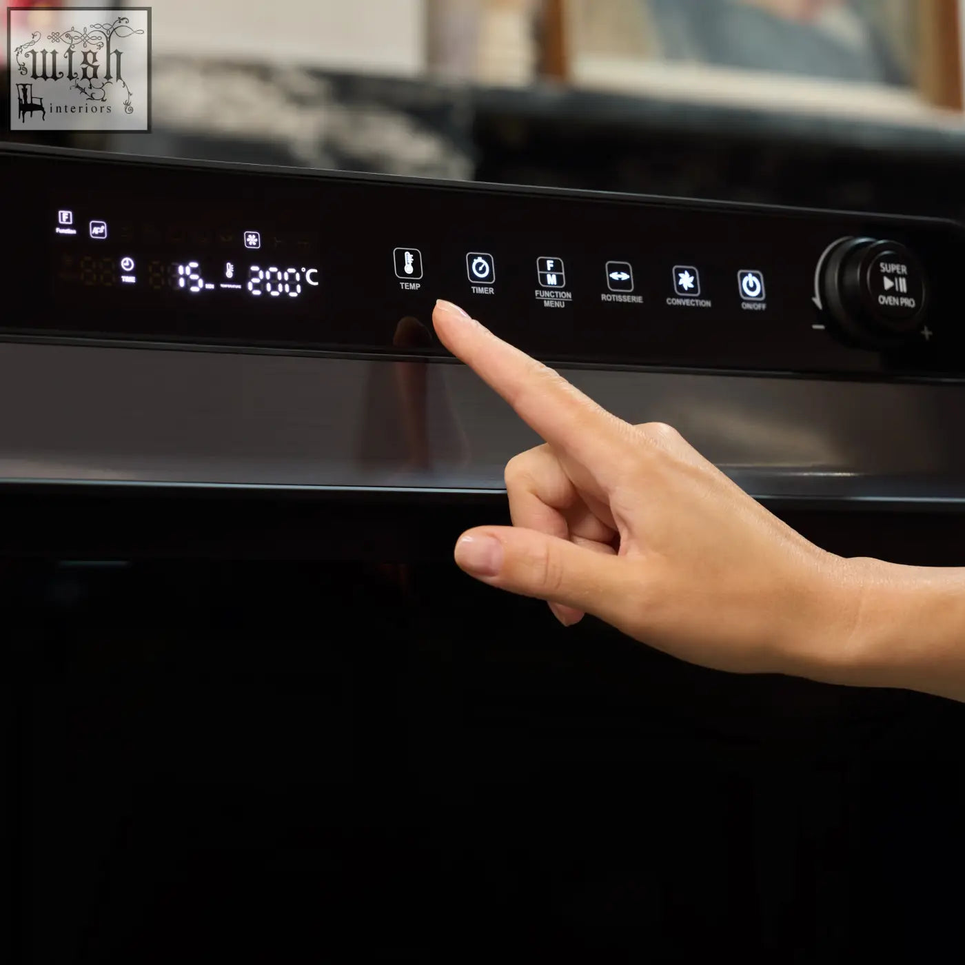 Black digital control panel of the f77 super oven pro 30l air fryer oven with illuminated buttons and display
