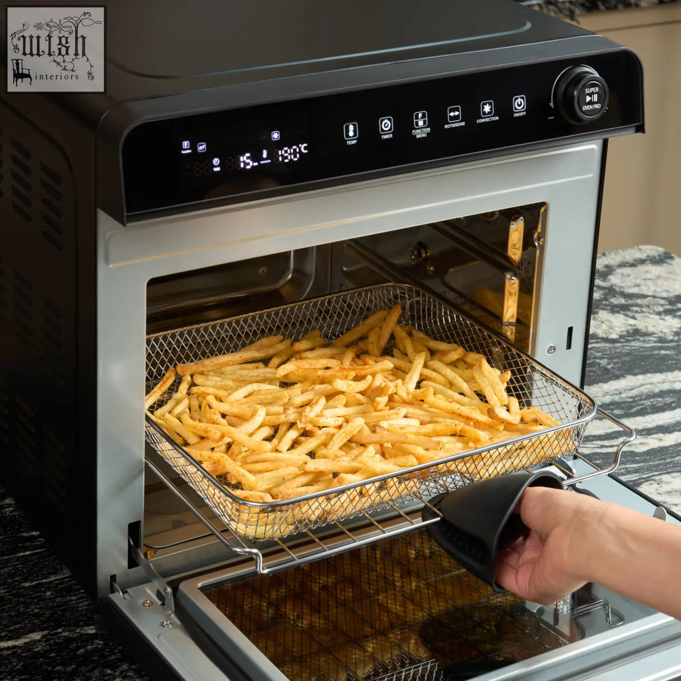 Black and silver f77 super oven pro 30l digital air fryer oven with 190c display and fries in mesh basket