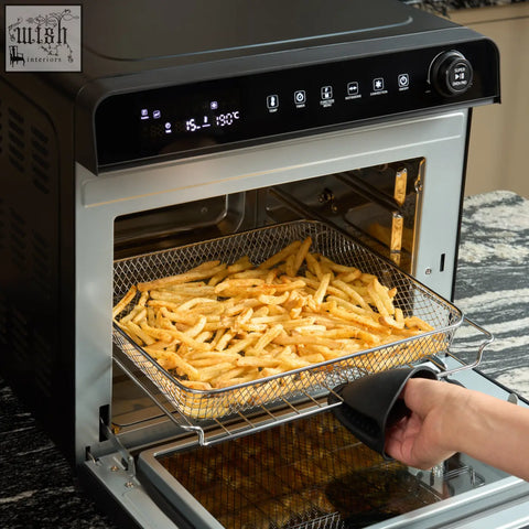 Black and silver f77 super oven pro 30l digital air fryer oven with 190c display and fries in mesh basket