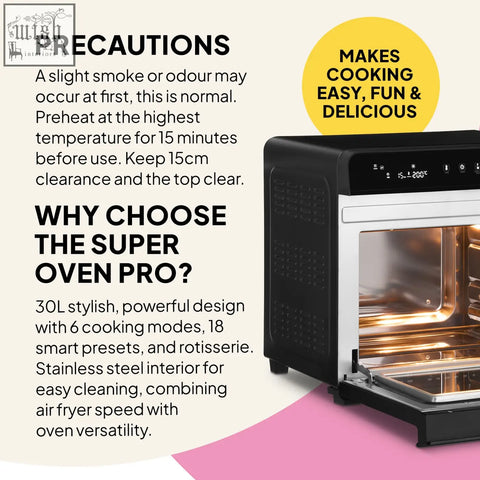 Black and silver super oven pro 30l digital air fryer oven with stainless steel interior and digital controls