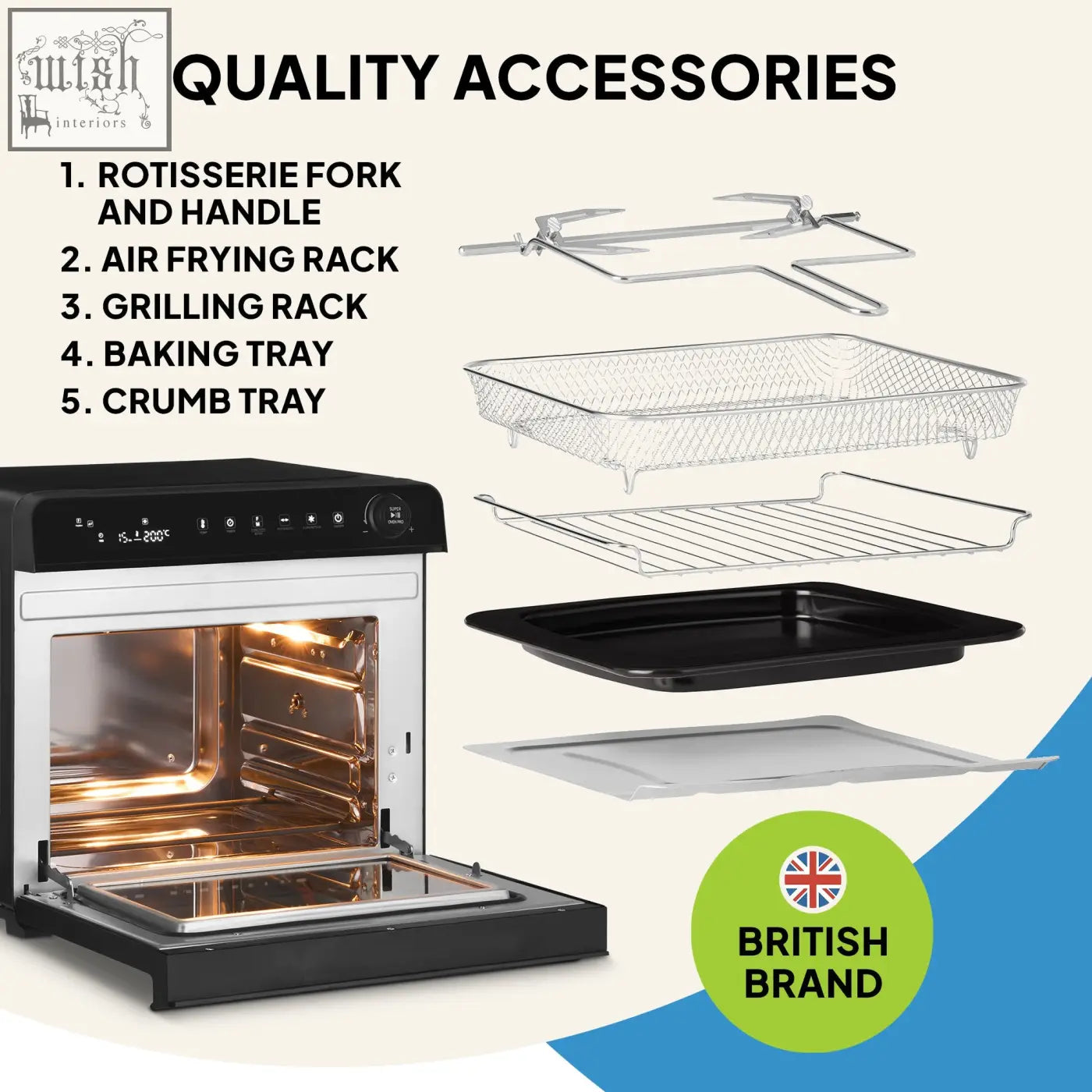 Black and silver f77 super oven pro air fryer oven with digital display and glass door showing heating elements
