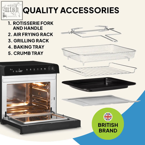 Black and silver f77 super oven pro air fryer oven with digital display and glass door showing heating elements