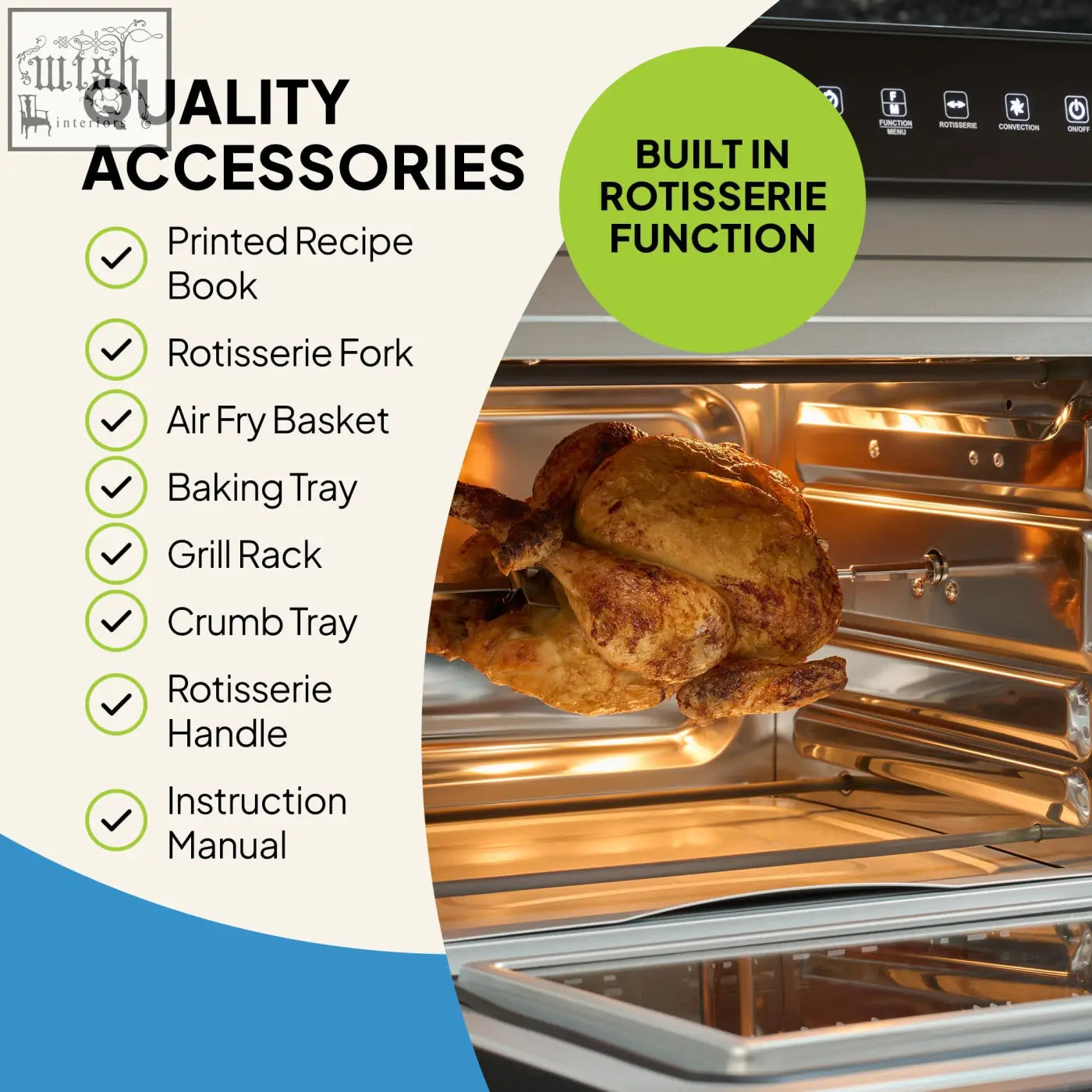 Golden roasted chicken on rotisserie spit inside stainless steel f77 super oven pro 30l digital air fryer oven