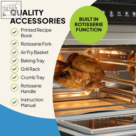 Golden roasted chicken on rotisserie spit inside stainless steel f77 super oven pro 30l digital air fryer oven