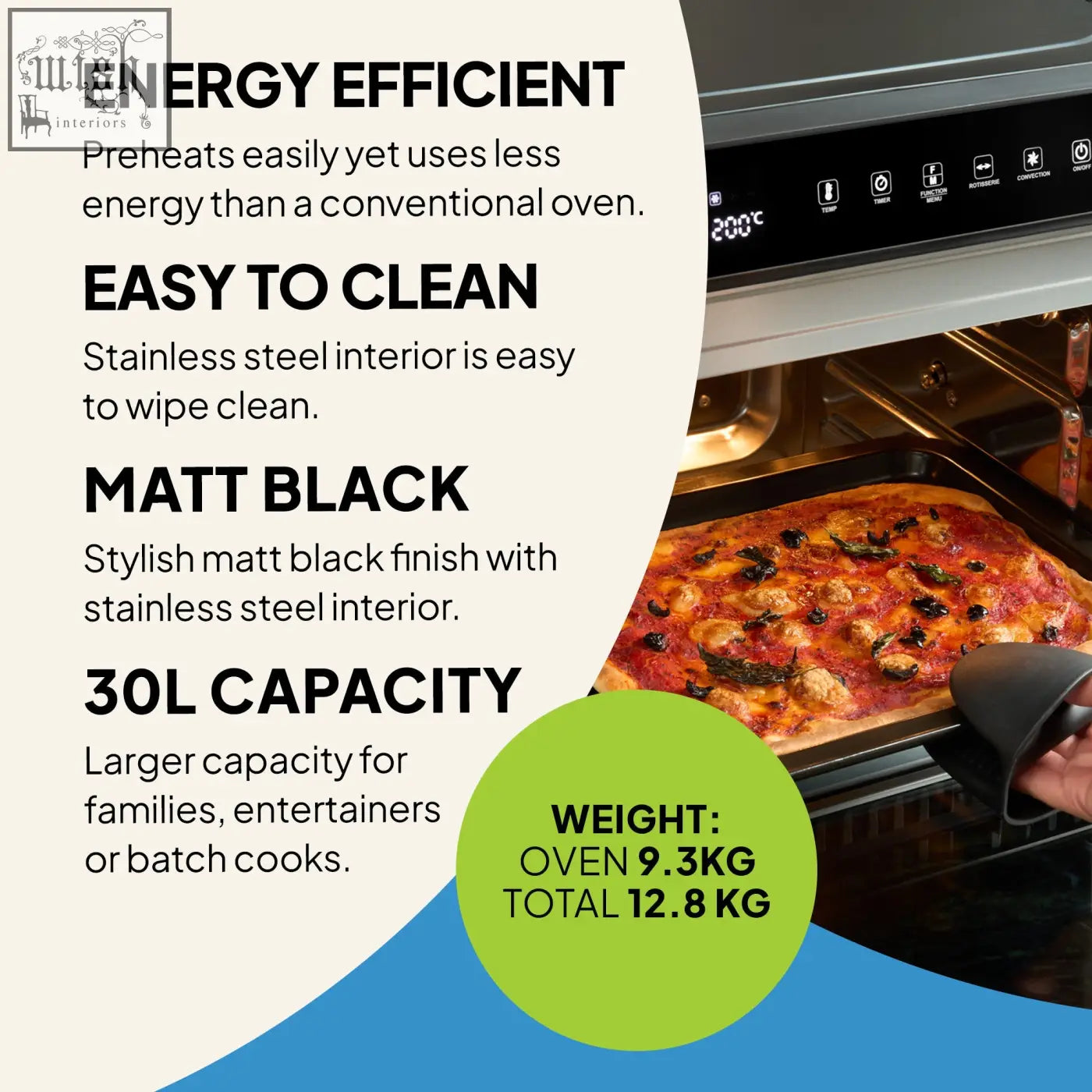 Matt black super oven pro 30l energy-efficient toaster oven with stainless steel interior and digital air fryer features