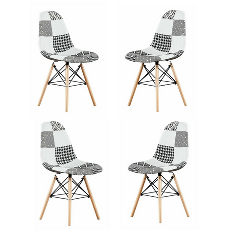 Black/White Patchwork Modern Dining Chair with Wooden Legs & Black Metal Wire Frame