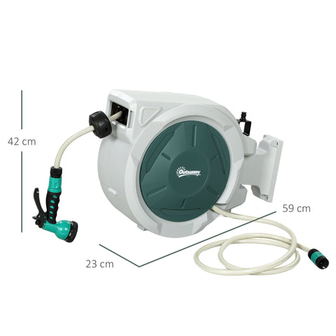 Outsunny Retractable Hose Reel Wall Mounted, 30+2m Garden Hose Pipe Reel with Lock, Auto Rewind, 7 in 1 Spray Nozzle, Includes Wall Fixings, 180\'c2\'b0 Swivel, Outdoor Watering, Grey
