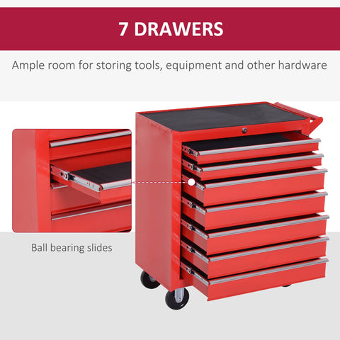 DURHAND 7-Drawer Rolling Tool Chest on Wheels, Lockable Tool Cabinet with Side Handle, Metal Tool Box Trolley for Garage, Workshop, Red