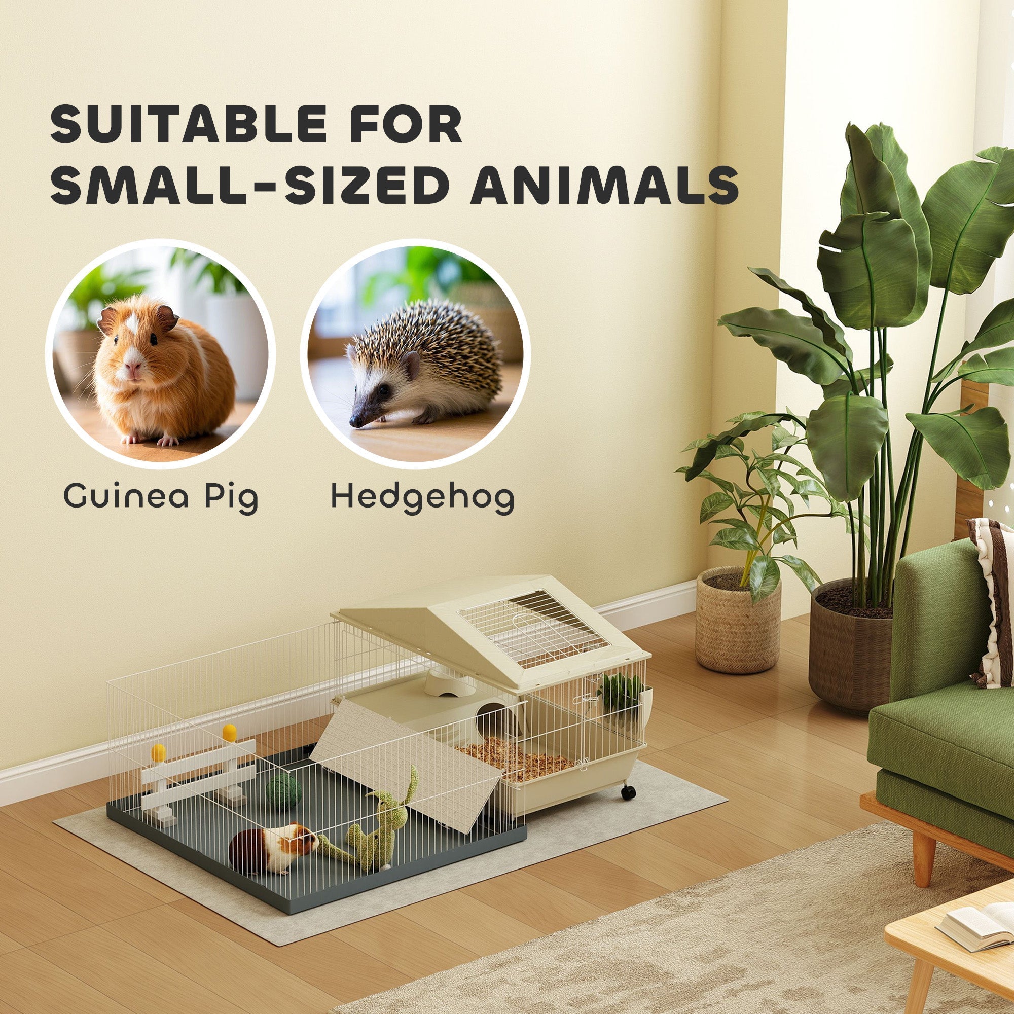 PawHut Small Animal Cage with Removable Pet Playpen, Guinea Pig Cage with Waterproof Pad, Hay Feeder, 108 x 71 x 57cm, Beige