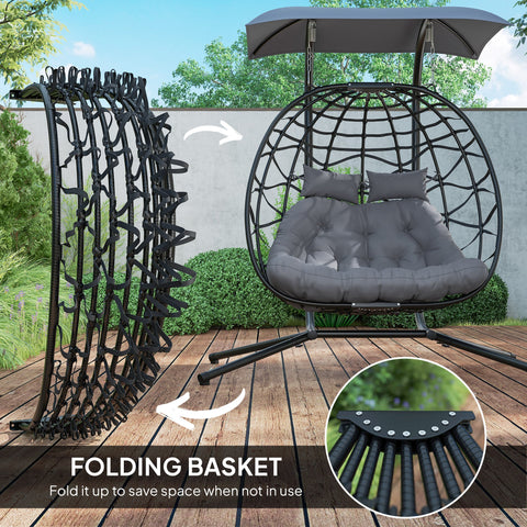 Outsunny Rattan Double Hanging Egg Chair with Canopy, Foldable Wicker Swing Egg Chair with Cushion, Head Pillows, Stand, Steel Frame, Hammock Chair for Indoor Outdoor, Capacity 260 kg, Black