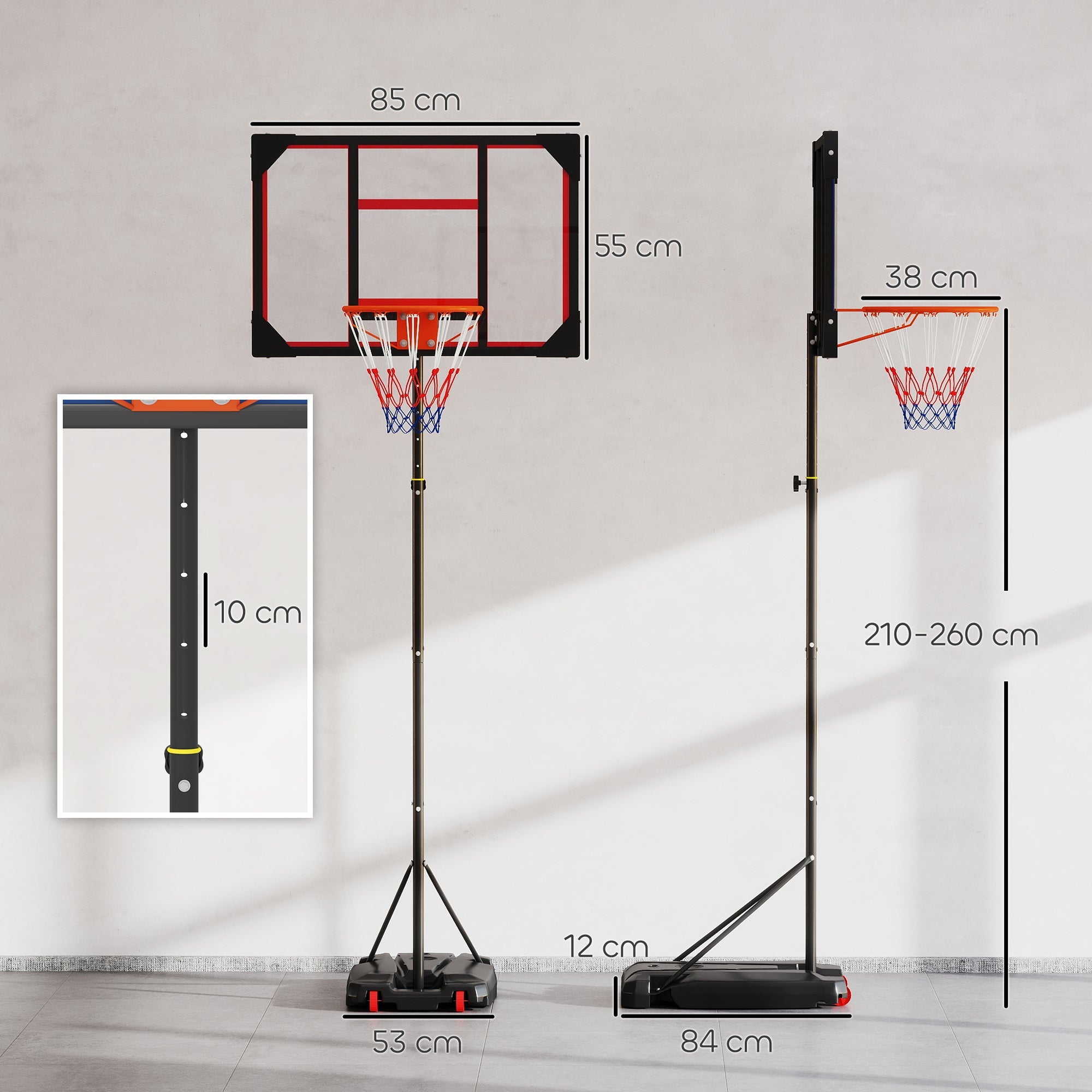 AIYAPLAY Basketball Hoop Outdoor Indoor, 210-260cm Height Adjustable Basketball Hoop with Wheels, Larger Base, for 6+ Years, Red
