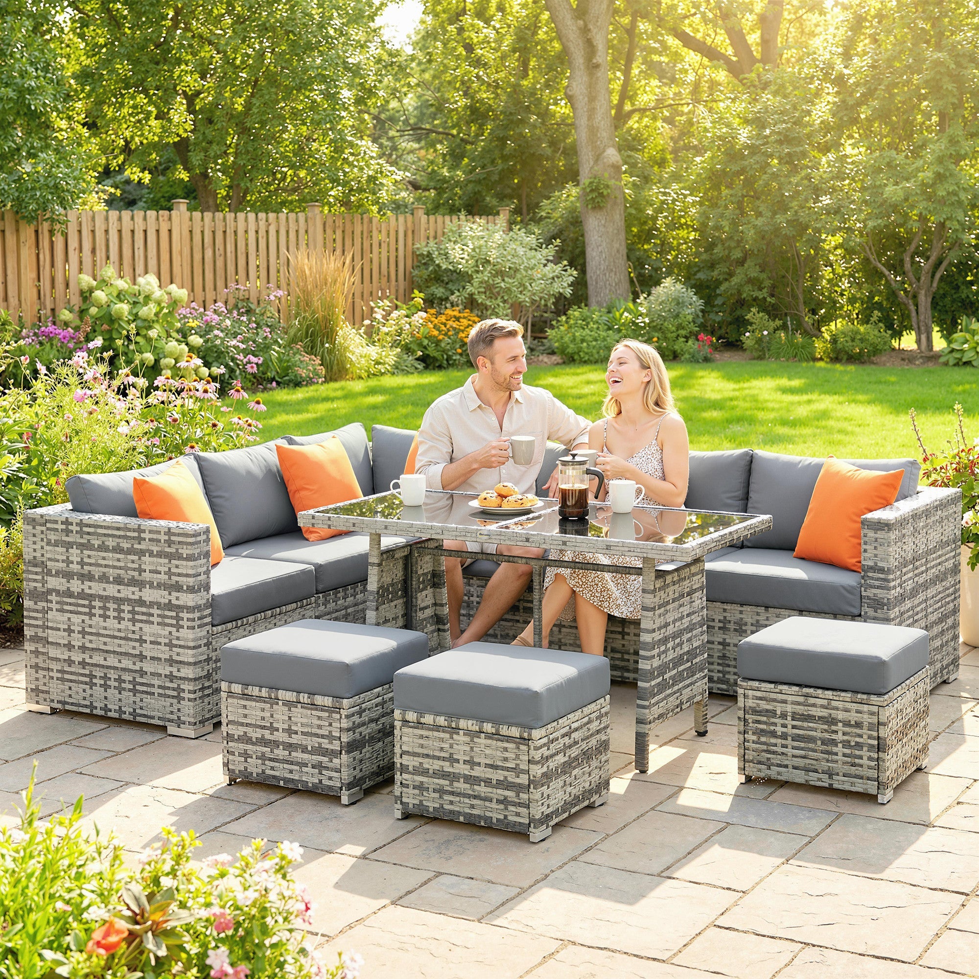 Outsunny 10 Piece Rattan Garden Furniture Set, 2 Corner Sofas with 4 Chairs, 4 Stools and Coffee Table, Outdoor Patio Furniture