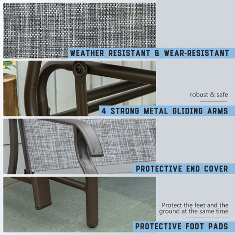 Outsunny 2 Seats Garden Glider Bench, Metal Frame Loveseat with Glass Top  Centre Table, Porch Rocking Glider for 2 Person, for Deck, Patio, Brown/ Grey