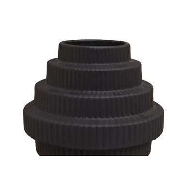 Black small step ceramic vase with tiered ribbed texture and stacked circular rings fabia small step design vase