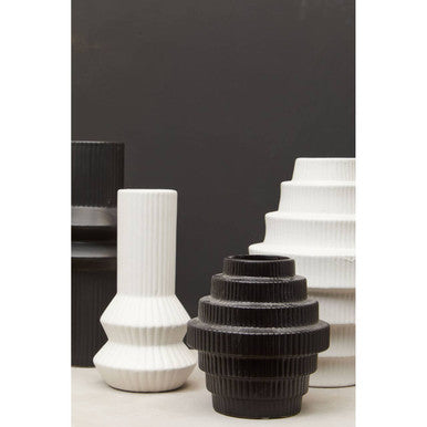 Black small step ceramic vase with ribbed texture and tiered stacked design perfect for home decor