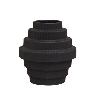 Black small step design ceramic vase with matte finish and stacked tiered rings perfect for home decor