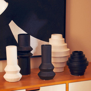 Black and white ribbed ceramic small step design vase with geometric tiered shapes called fabia black small step