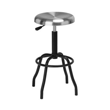 Adjustable factory style bar stool with stainless steel and black metal circular seat and four curved legs from foundry