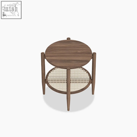 Fadli round side table with warm brown wood top and legs and oval rattan material lower shelf