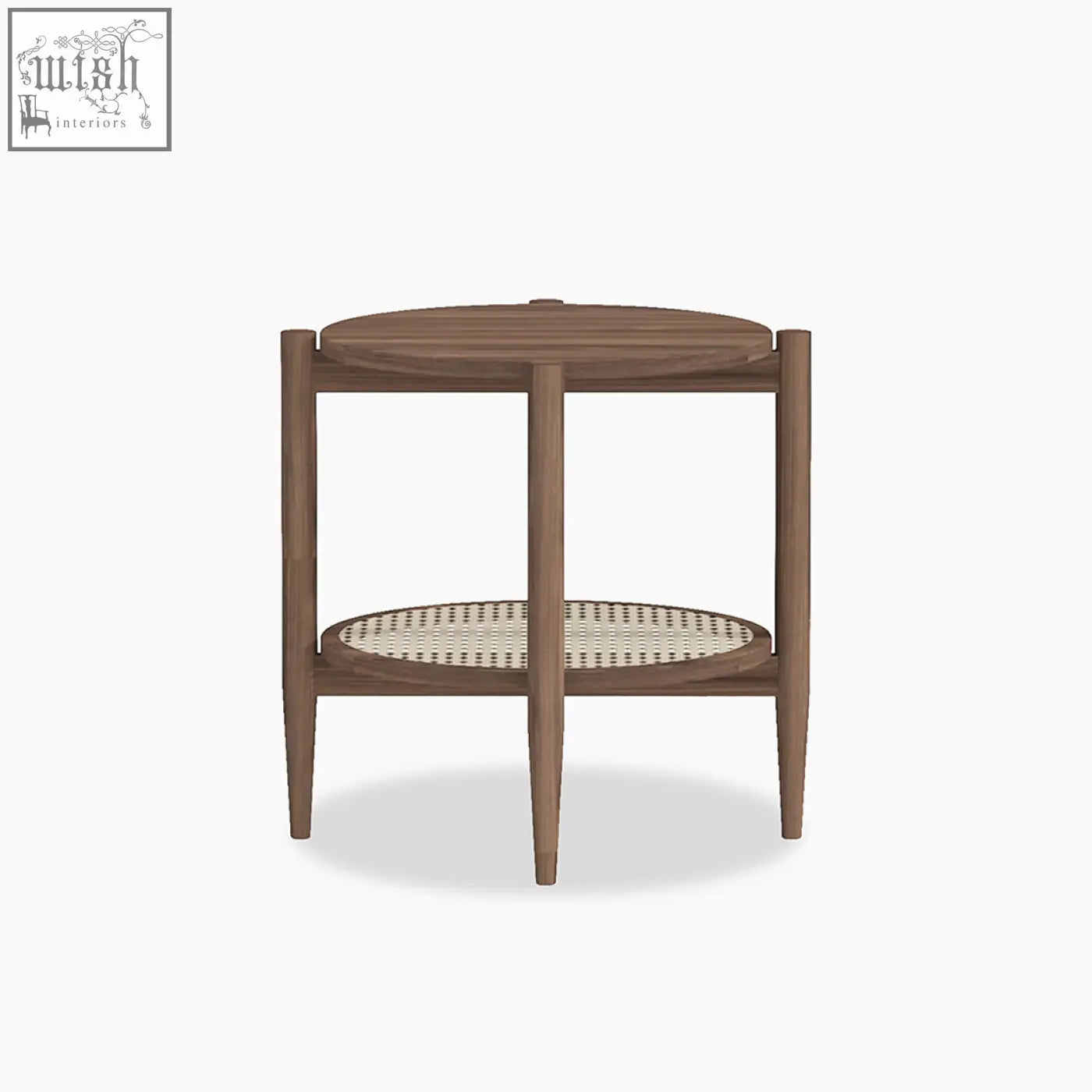 Fadli round side table with warm brown wood frame and rattan material in woven cane lower shelf design