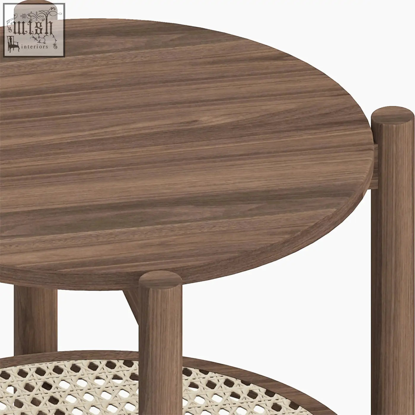 Fadli round side table with warm brown rattan material and visible wood grain supported by sturdy legs