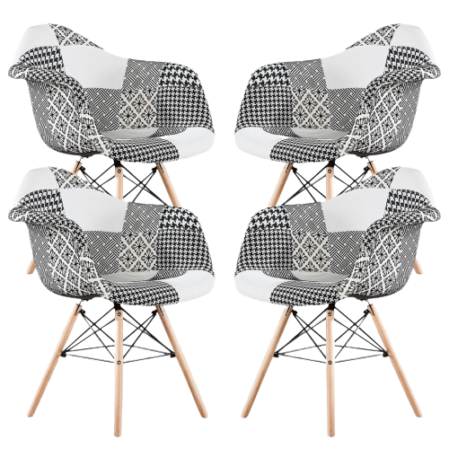 5-Piece Halo Dining Set - Black Table & 4 Black/White Patchwork Armchairs