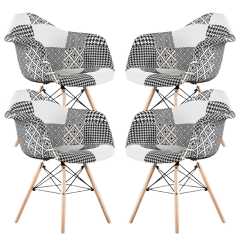 5-Piece Halo Dining Set - Black Table & 4 Black/White Patchwork Armchairs
