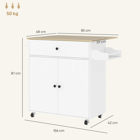 HOMCOM Rolling Kitchen Island with Drop Leaf, Kitchen Storage Cart with Drawer, Spice Rack and Towel Rack, White