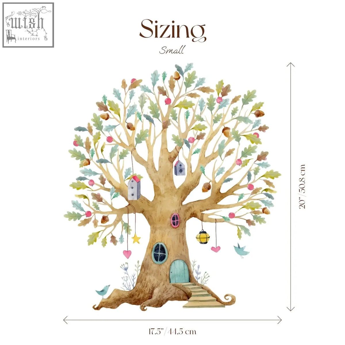 A whimsical fairy tree house wall decal with a brown trunk teal door pink apples and hanging birdhouses and lanterns
