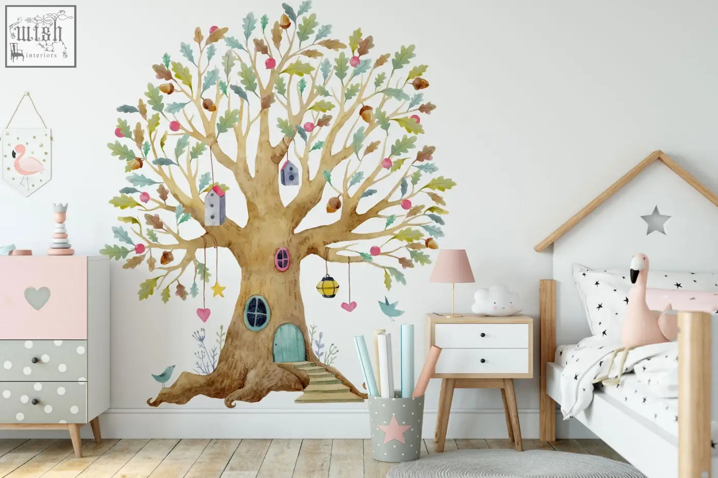 Whimsical fairy tree house wall decal with brown trunk green leaves colorful fruits and birdhouses in watercolor style