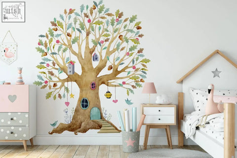 Whimsical fairy tree house wall decal with brown trunk green leaves colorful fruits and birdhouses in watercolor style