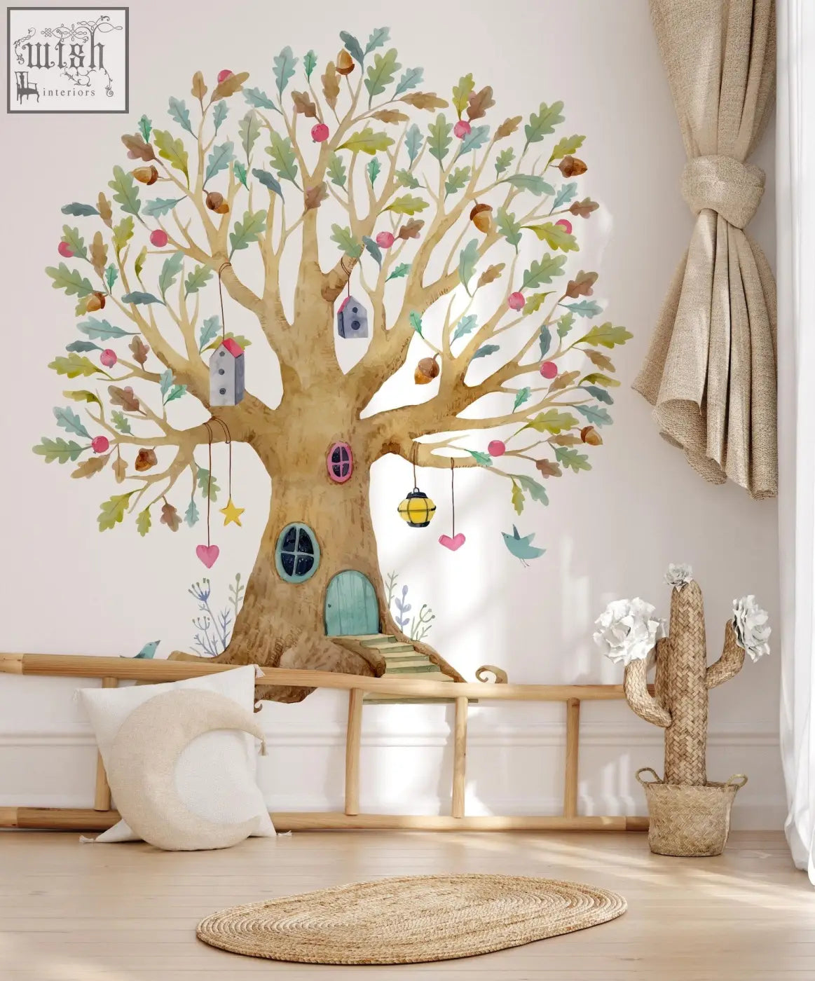 Whimsical fairy tree house wall decal with golden trunk green leaves and pink apples in magical wildflower garden style