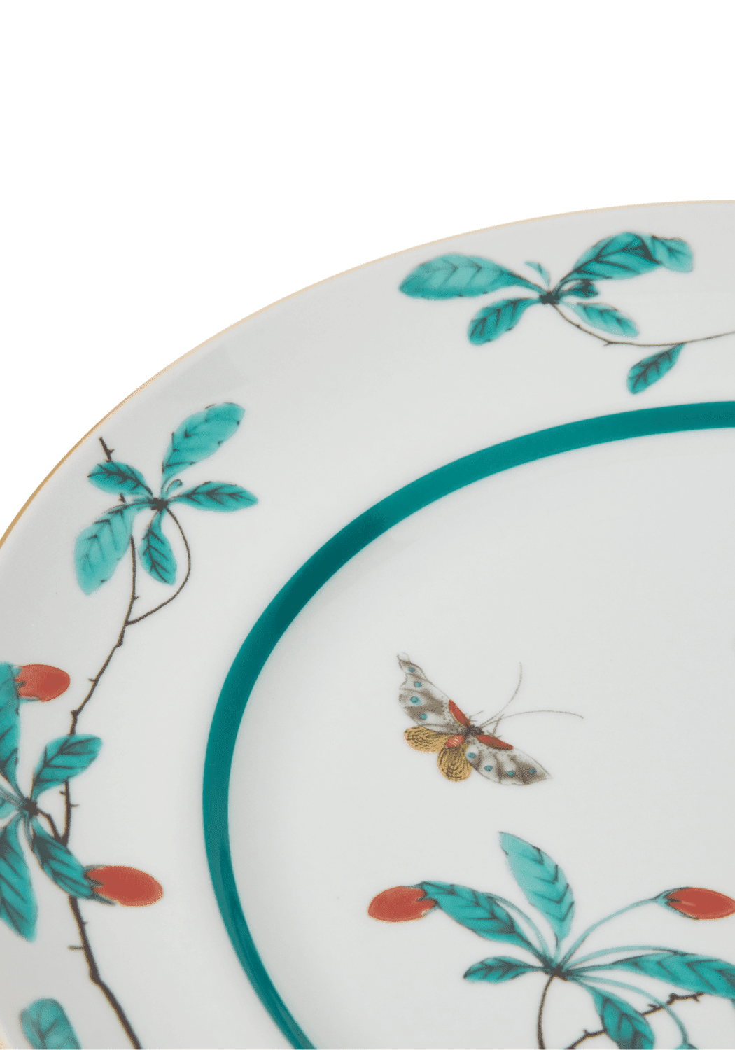 Delicate white porcelain famille verte dessert plate with turquoise leaves red berries and butterfly motif set of 4