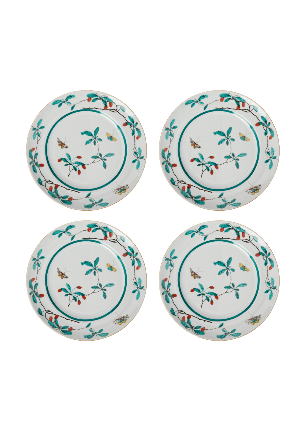 Set of four white ceramic famille verte dessert plates with hand-painted green leaves red berries and yellow butterflies along teal border