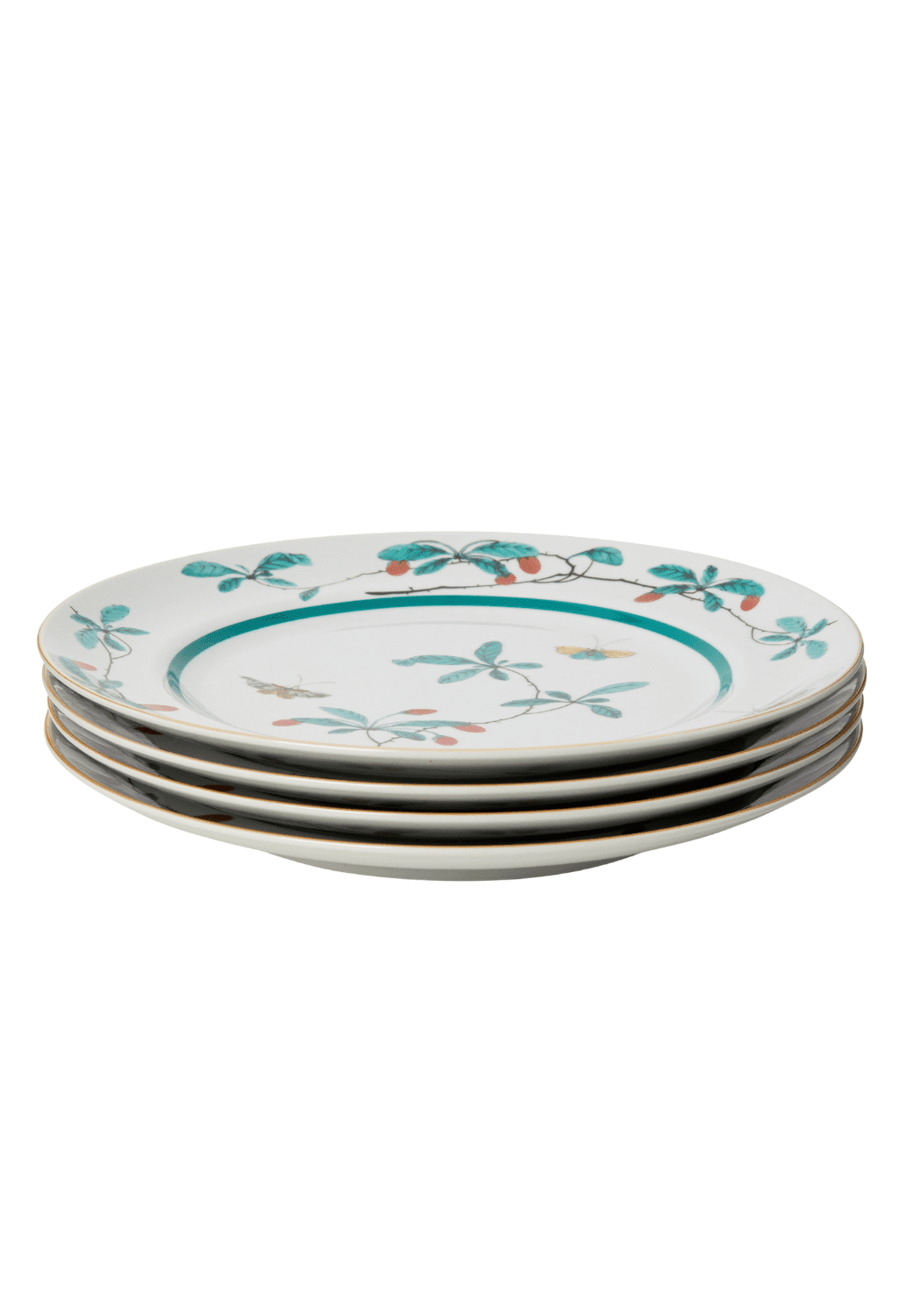 Stack of white ceramic dessert plates with teal and green botanical patterns famille verte set of 4