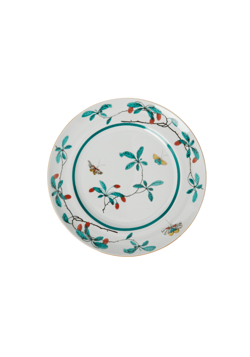 White ceramic famille verte dessert plate with green red and yellow botanical leaves berries and butterflies design
